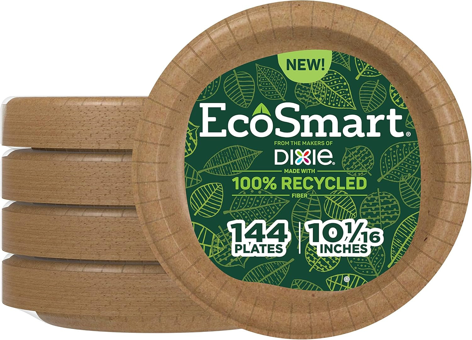 Ecosmart 100% Recycled Fiber Paper Plates, 10 In, 144 Count (Pack of 4), Large Disposable Plate Great for Breakfast, Lunch, and Dinner Meals