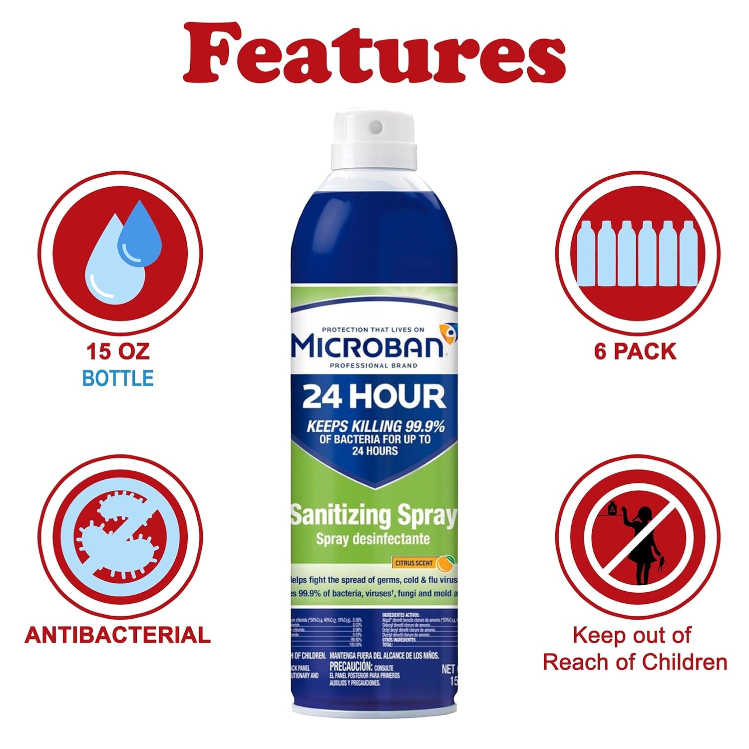 24 Hour Sanitizing Spray, 6 Cans, 15 Fl Oz Each