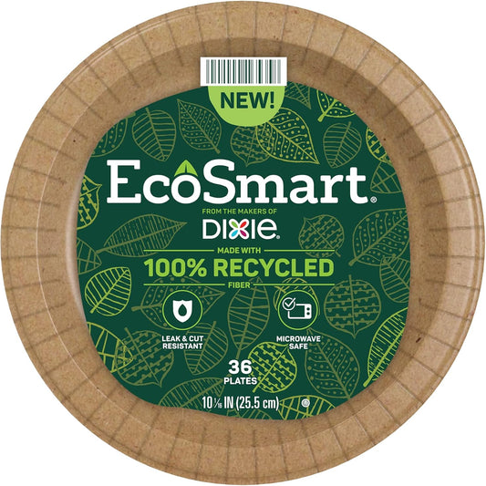 Ecosmart 100% Recycled Fiber Paper Plates, 10 In, 36 Count, Medium Disposable Plate Great for Light Breakfast, Lunch, and Dinner Size