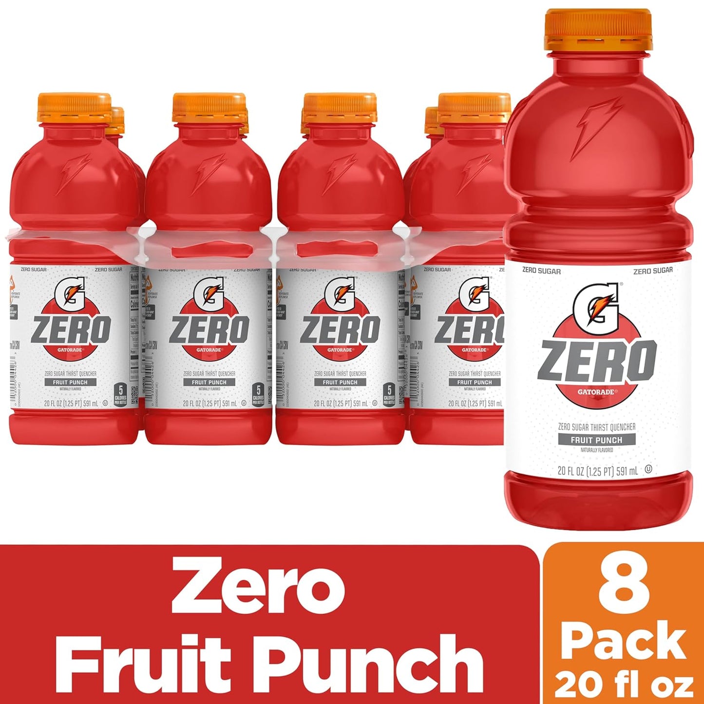 Thirst Quencher Zero Sugar Sports Drink, Fruit Punch, 20Oz Bottles, 8 Pack, Electrolytes for Rehydration