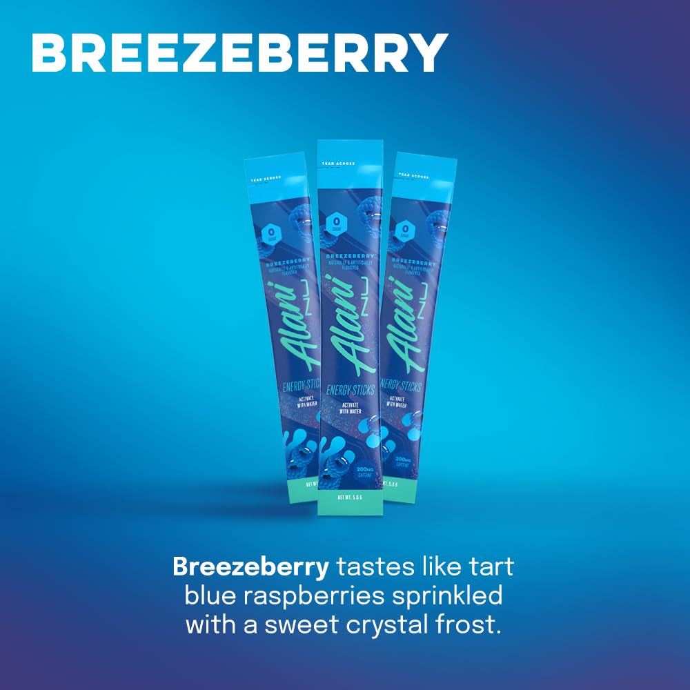 BREEZEBERRY Energy Sticks | Energy Drink Powder | 200Mg Caffeine | Pre Workout Performance with Antioxidants | On-The-Go Drink Mix | Biotin, B Vitamins | Zero Sugar | 5 Calories | 10 Pack