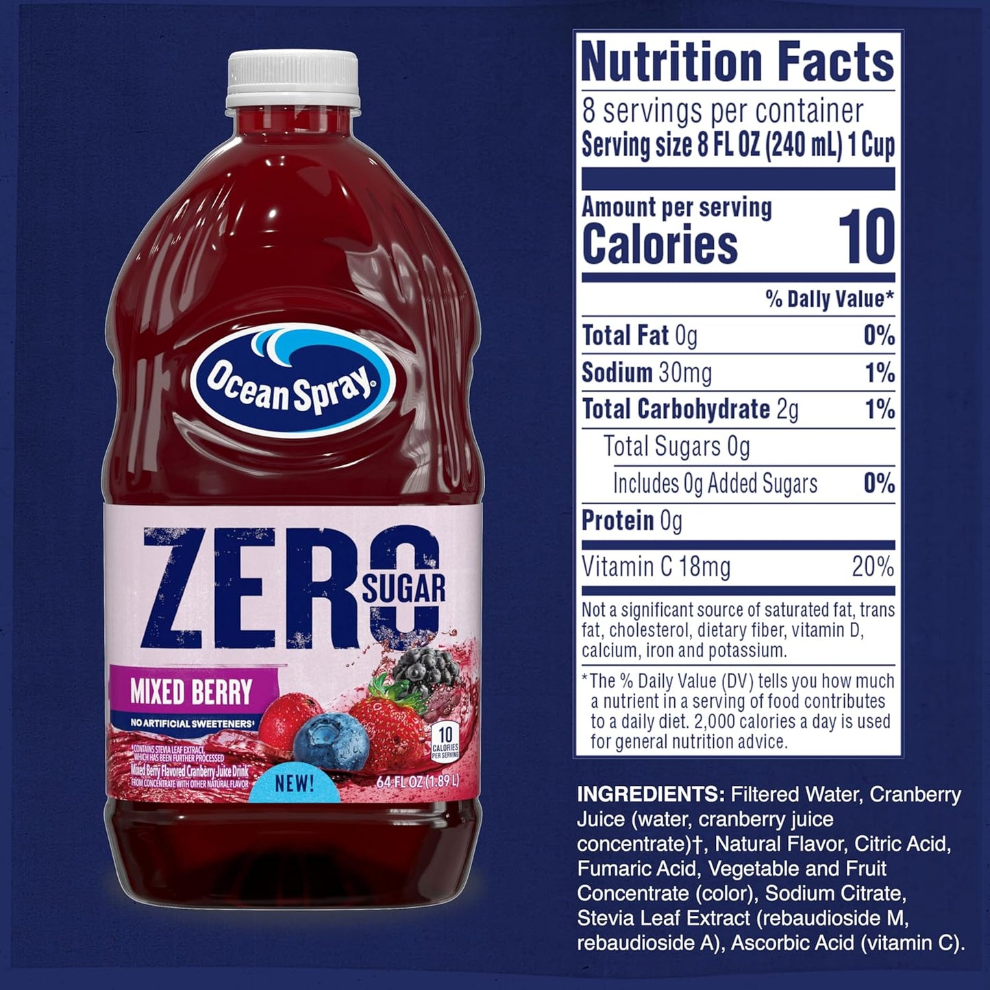 ® ZERO Sugar Mixed Berry Juice Drink, Cranberry Juice Drink Sweetened with Stevia, 64 Fl Oz Bottle