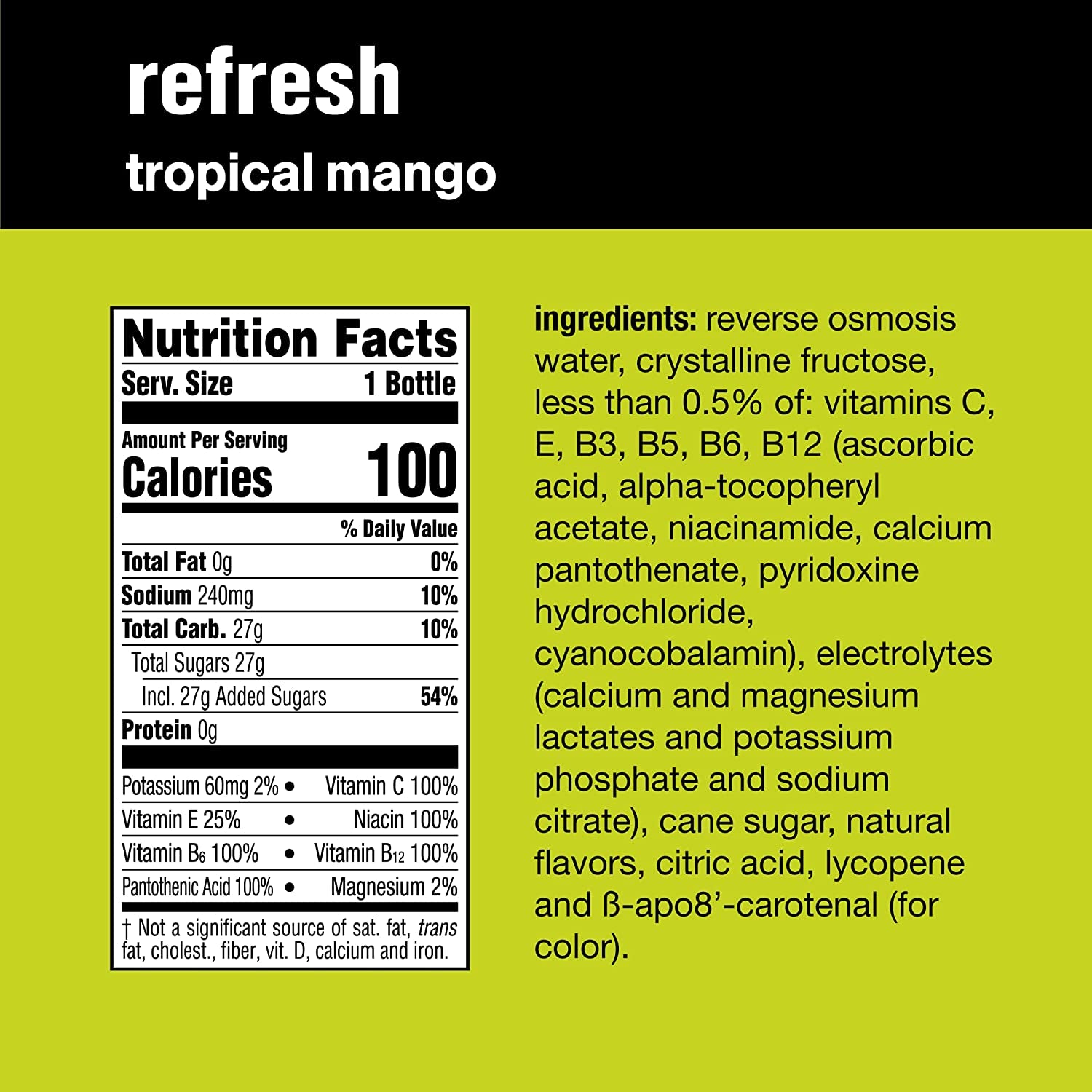 Vitaminwater Refresh Electrolyte Enhanced Water W/Vitamins, Tropical Mango Drinks, 20 Fl Oz, 12 Pack