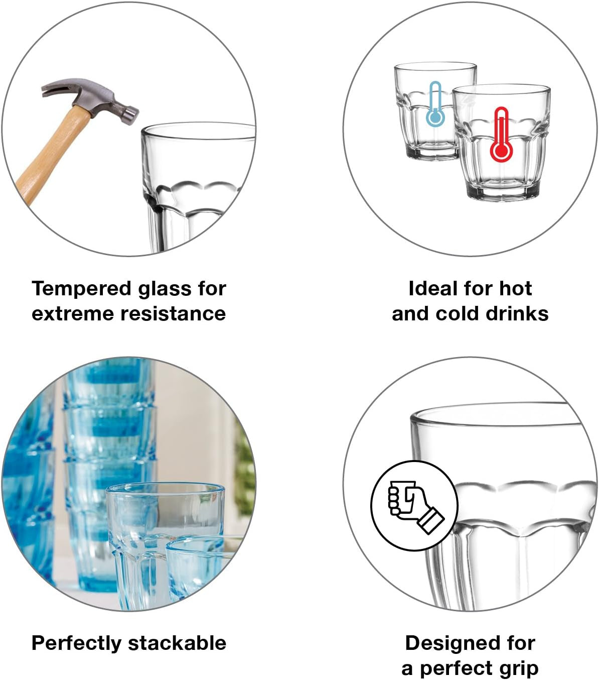 Rock Bar Stackable Juice Glasses – Set of 6 Dishwasher Safe Drinking Glasses for Soda, Milk, Coke, Beer, Spirits – 6.75Oz Durable Tempered Glass Water Tumblers for Daily Use