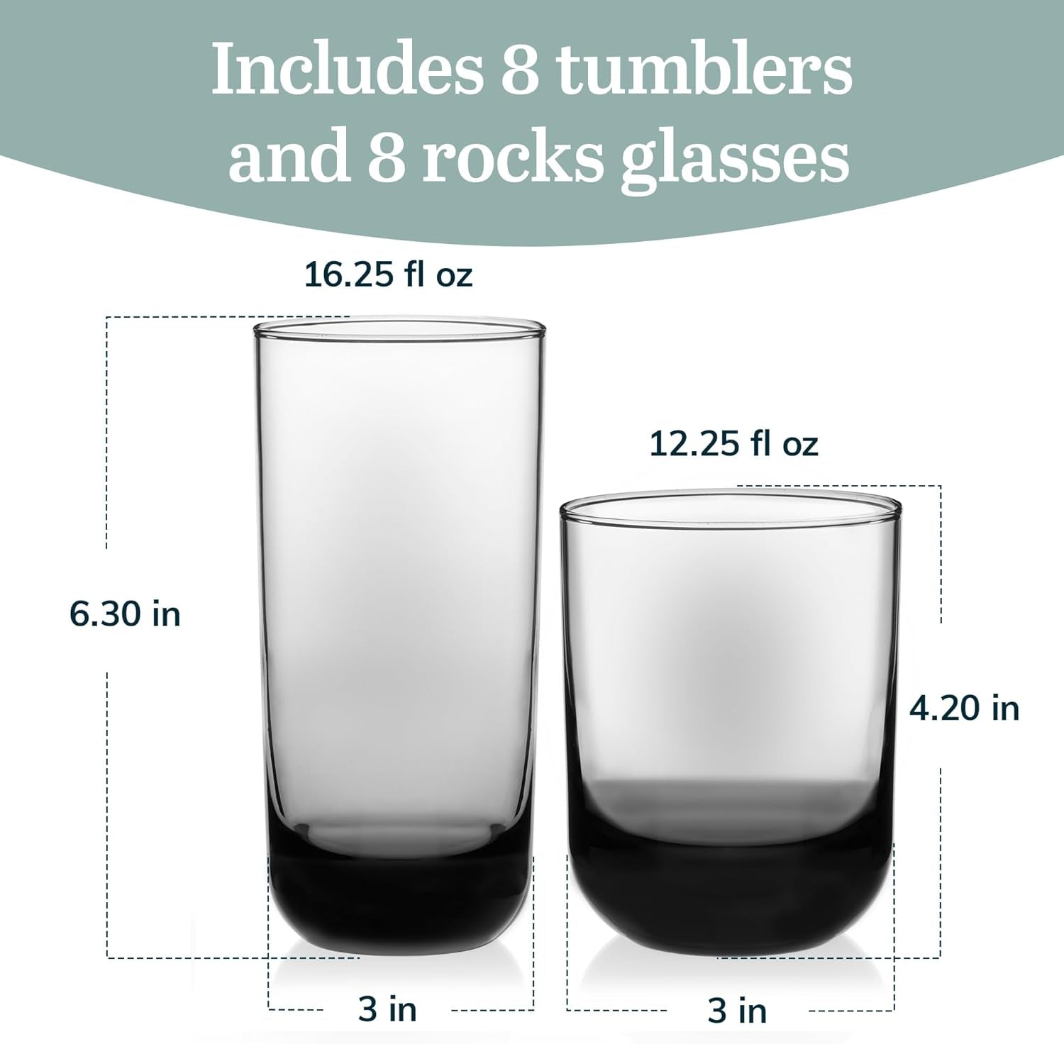 Polaris Tumbler and Rocks Glass Set, Smoke Hue Drinkware Glasses Set, Lead-Free Tall Water Glasses with Modern Clean Lines, Dishwasher Safe Drinking Glasses Set of 16