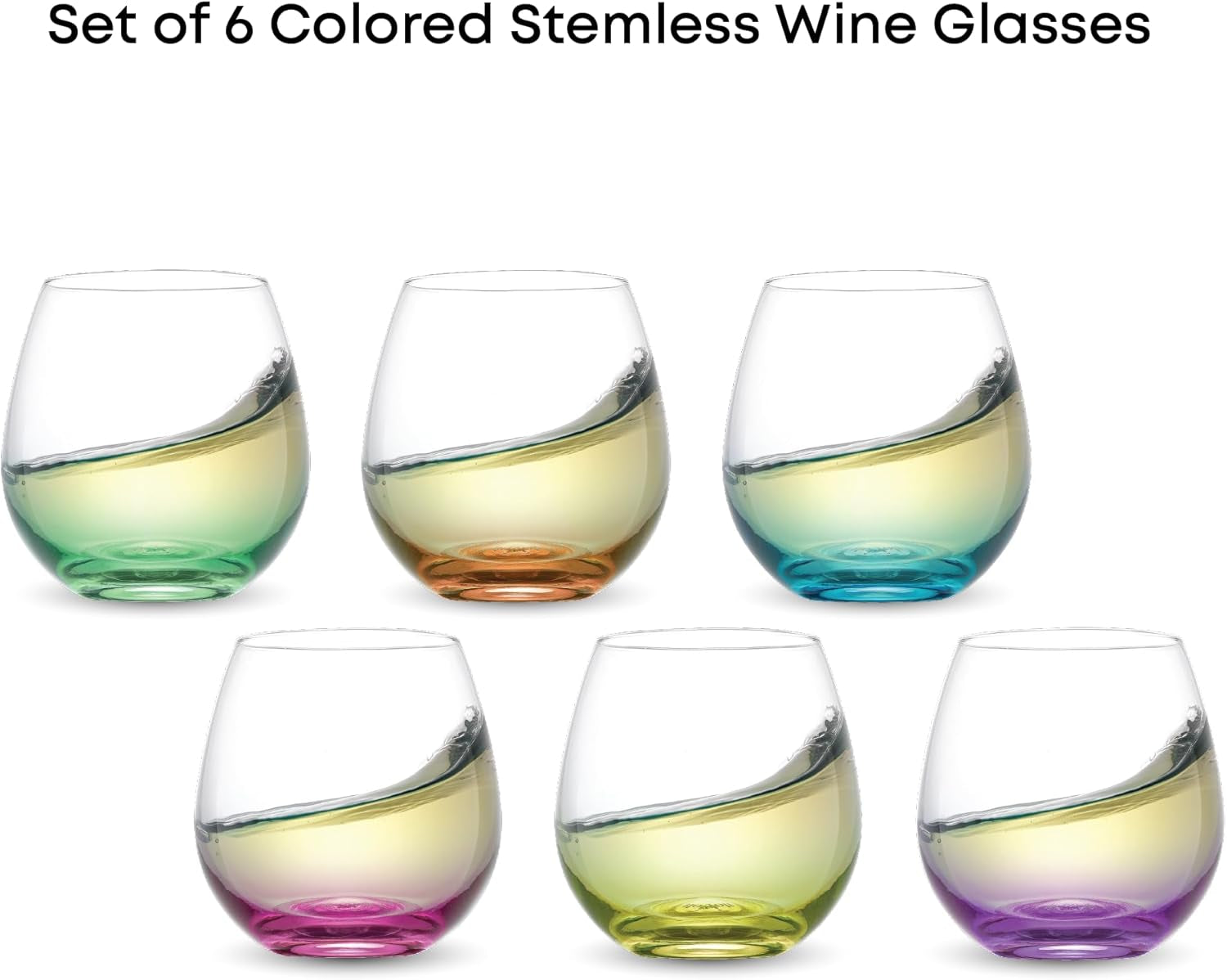 HUE Stemless Wine Glass Set. Large, 15 Oz, Stemless, Set of 6. Short Wine Tumblers for White Wine, Red Wine, Water, No Stem Margarita Glasses, Colored