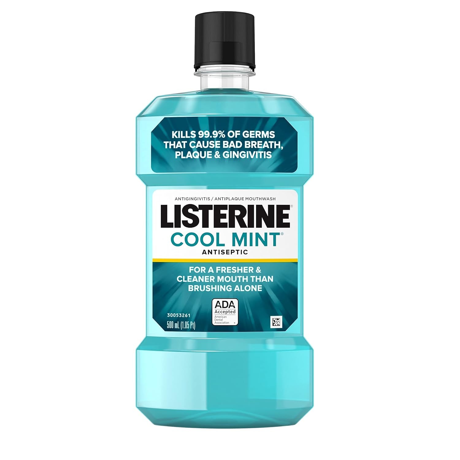 Cool Mint Antiseptic Mouthwash, Daily Oral Rinse Kills 99% of Germs That Cause Bad Breath, Plaque and Gingivitis for a Fresher, Cleaner Mouth, Cool Mint Flavor, 500 Ml