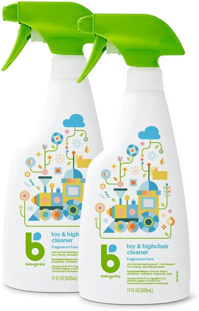 Toy & Highchair Cleaner Spray, Fragrance Free, 17Oz Spray Bottle, Made without Ammonia, Bleach, Phosphates, Phthalates or Dyes, Pack of 2.