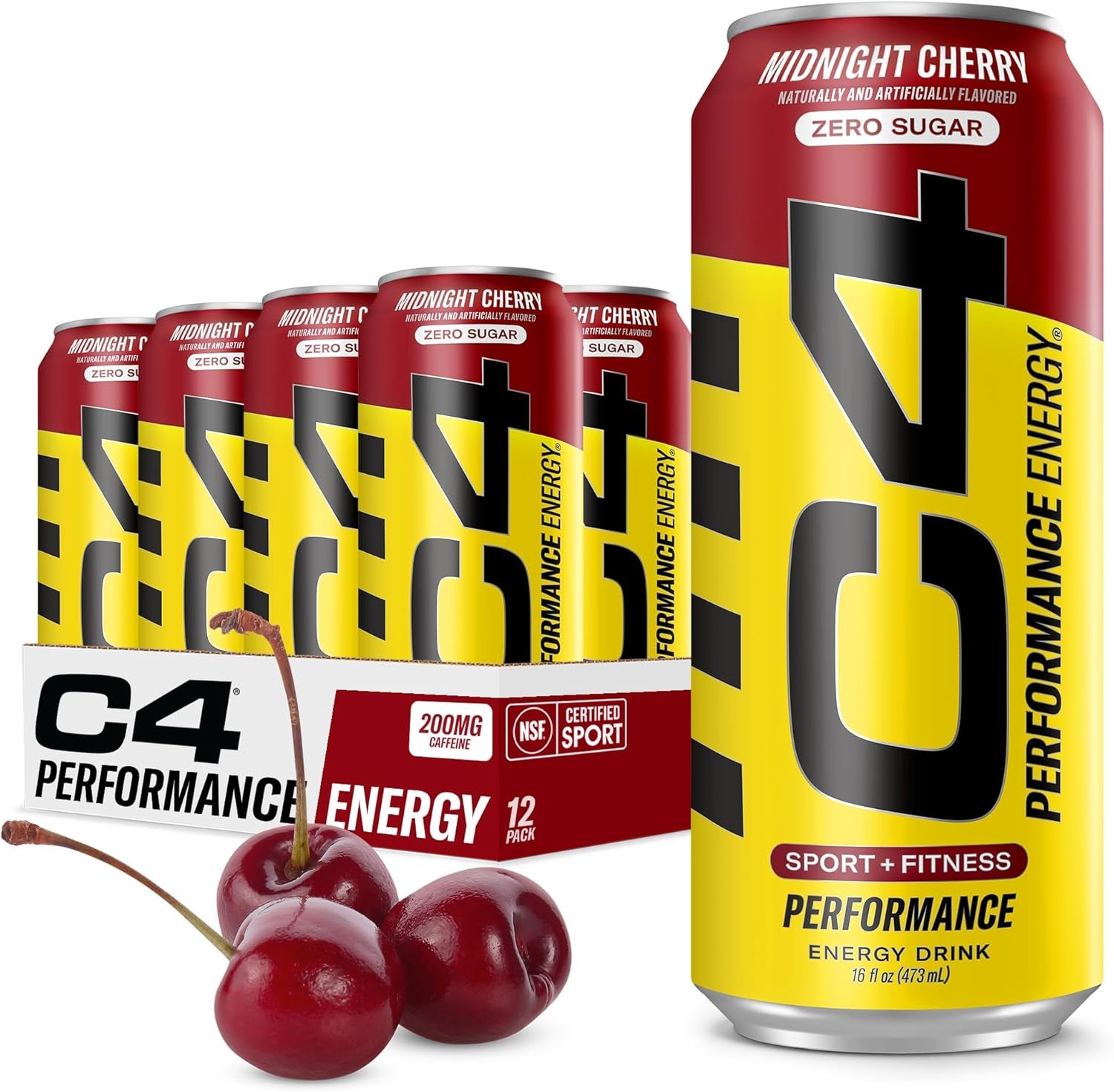 C4 Performance Energy Drink | Zero Sugar Carbonated Preworkout Energy | 200Mg Caffeine with Beta Alanine | Midnight Cherry | 16 Fl Oz (12 Pack)