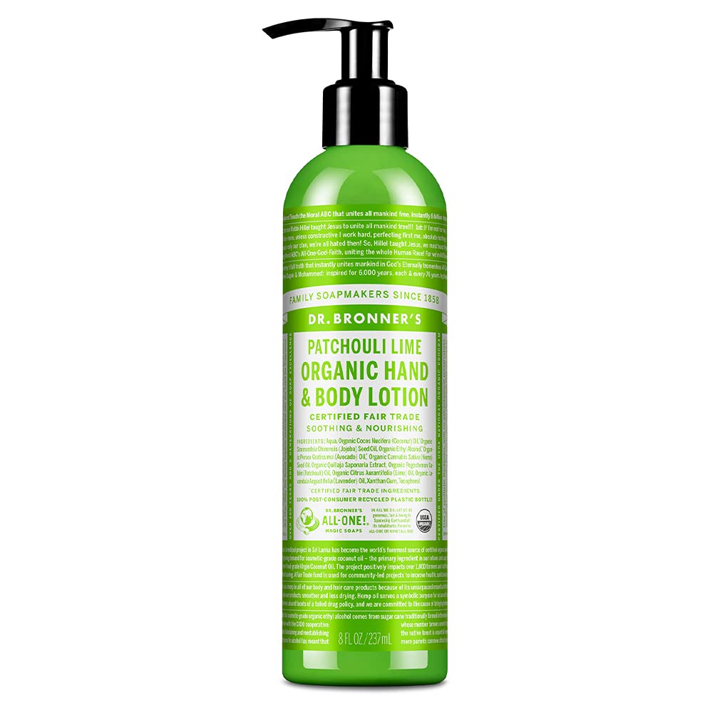 Dr. Bronner's - Organic Lotion (Patchouli Lime, 8 Ounce) - Body Lotion and Moisturizer, Certified Organic, Soothing for Hands, Face and Body, Highly Emollient, Nourishes and Hydrates, Vegan, Non-GMO