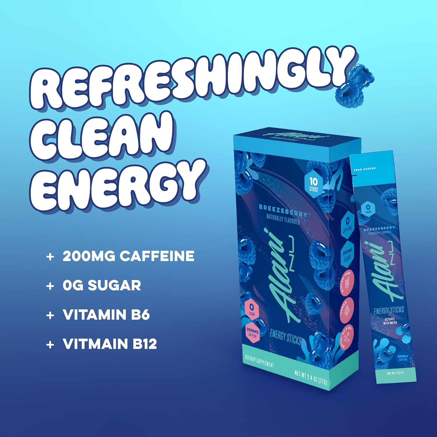 BREEZEBERRY Energy Sticks | Energy Drink Powder | 200Mg Caffeine | Pre Workout Performance with Antioxidants | On-The-Go Drink Mix | Biotin, B Vitamins | Zero Sugar | 5 Calories | 10 Pack