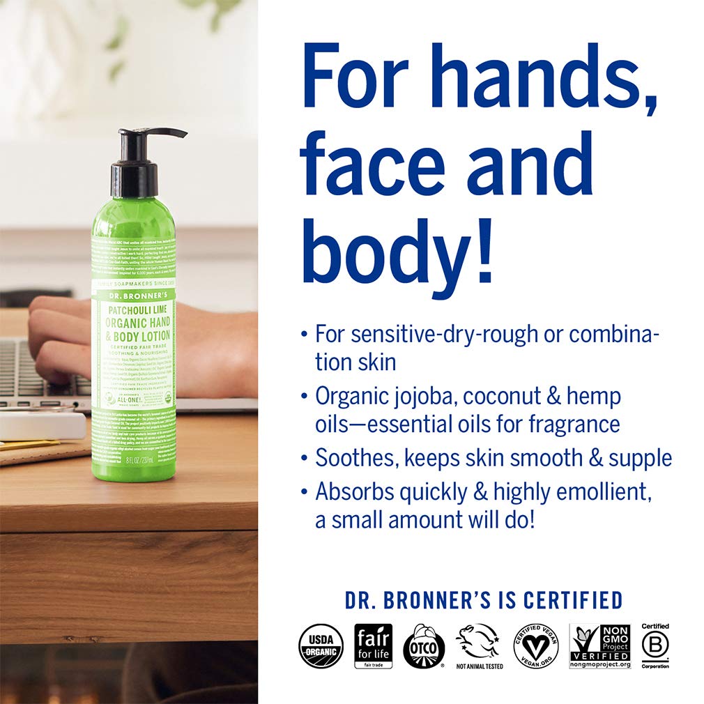 Dr. Bronner's - Organic Lotion (Patchouli Lime, 8 Ounce) - Body Lotion and Moisturizer, Certified Organic, Soothing for Hands, Face and Body, Highly Emollient, Nourishes and Hydrates, Vegan, Non-GMO