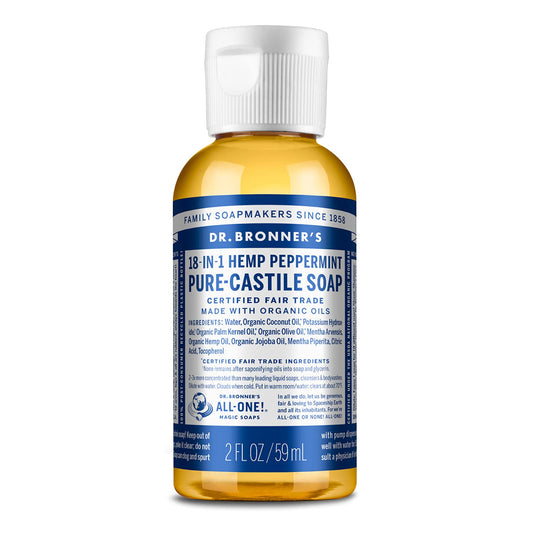 Dr. Bronner's - Pure-Castile Liquid Soap (Peppermint, Travel Size, 2 ounce) - Made with Organic Oils, 18-in-1 Uses: Face, Body, Hair, Laundry, Pets and Dishes, d, Vegan, Non-GMO