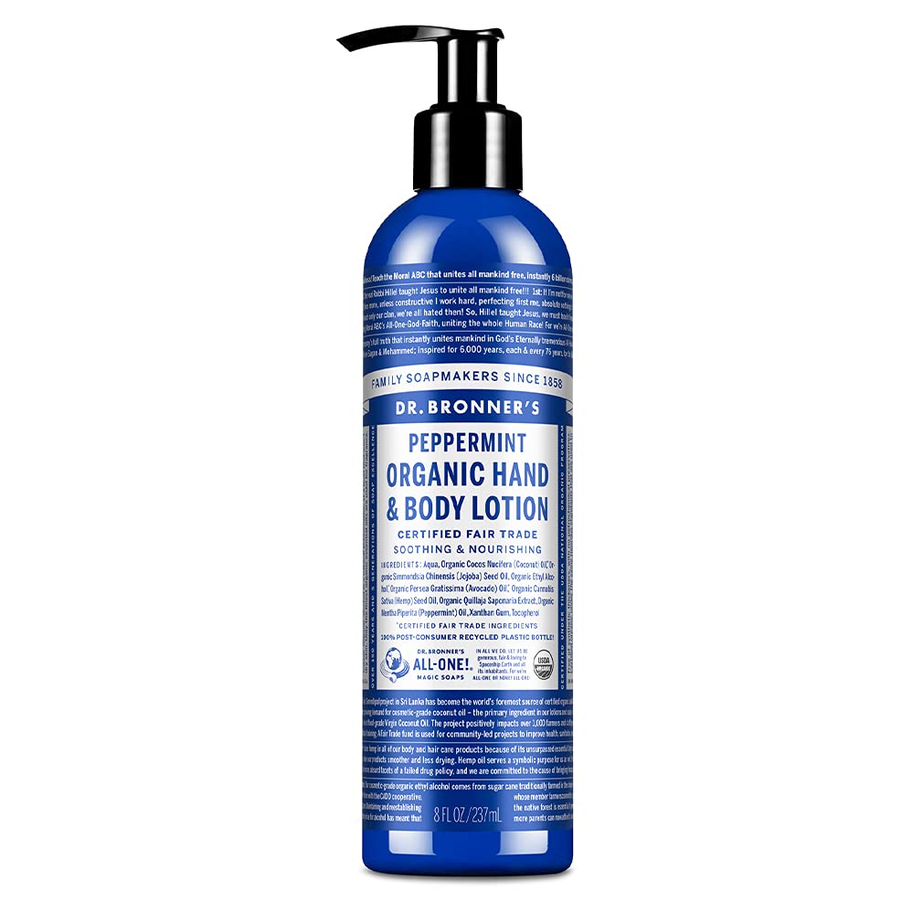 Dr. Bronner's - Organic Lotion (Peppermint, 8 Ounce) - Body Lotion and Moisturizer, Certified Organic, Soothing for Hands, Face and Body, Highly Emollient, Nourishes and Hydrates, Vegan, Non-GMO