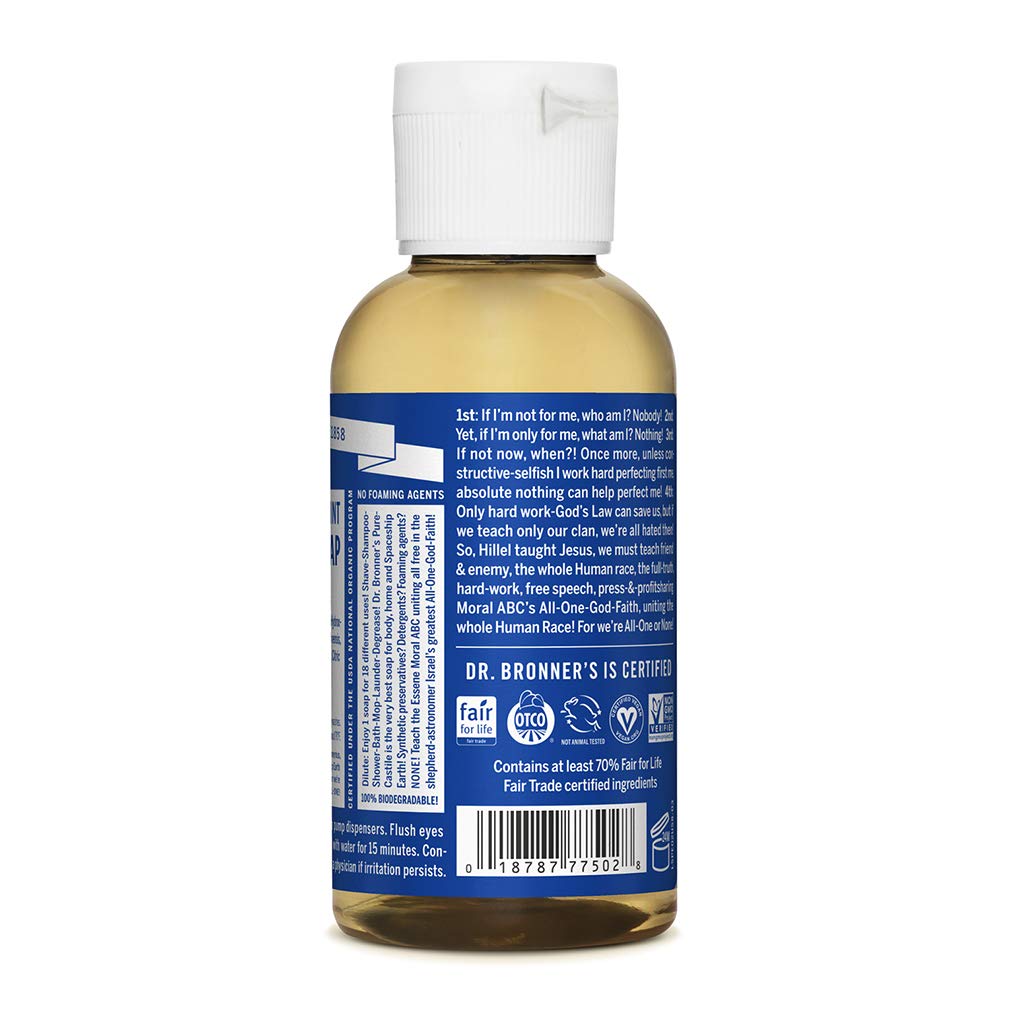 Dr. Bronner's - Pure-Castile Liquid Soap (Peppermint, Travel Size, 2 ounce) - Made with Organic Oils, 18-in-1 Uses: Face, Body, Hair, Laundry, Pets and Dishes, d, Vegan, Non-GMO