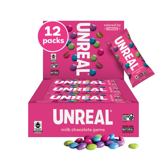 UNREAL Milk Chocolate Gems | Certified Fair Trade, Non-GMO | Made with Gluten Free Ingredients and Colors from Nature | No Sugar Alcohols or Soy | 12 Snack Packs