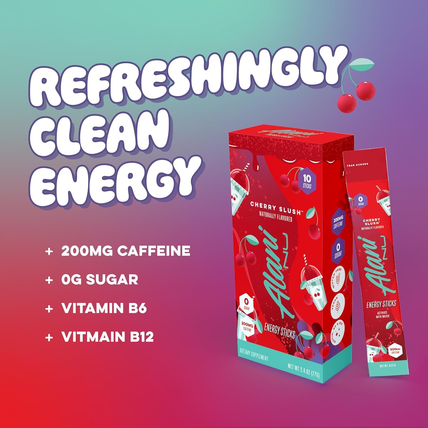 Cherry Slush Energy Sticks | Energy Drink Powder | 200Mg Caffeine | Pre Workout Performance with Antioxidants | On-The-Go Drink Mix | Biotin, B Vitamins | Zero Sugar | 5 Calories | 10 Pack