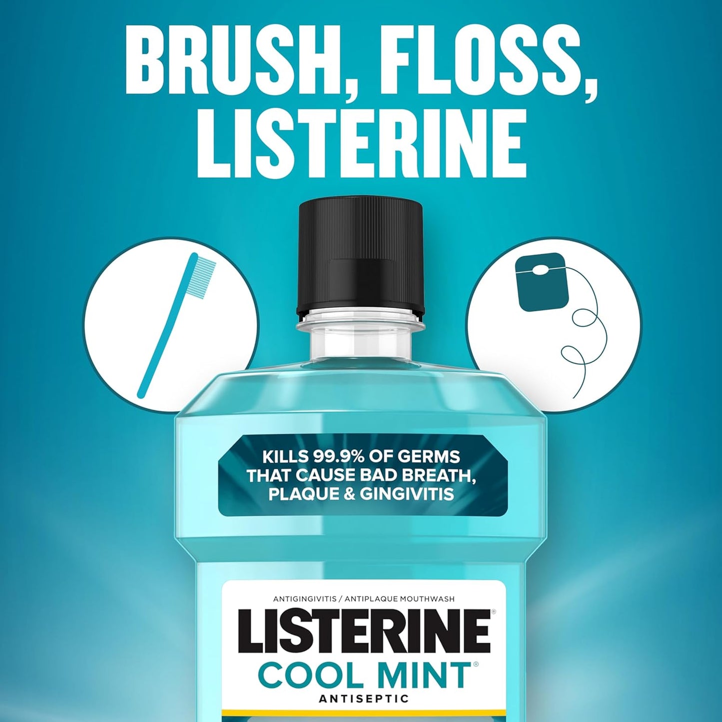 Cool Mint Antiseptic Mouthwash, Daily Oral Rinse Kills 99% of Germs That Cause Bad Breath, Plaque and Gingivitis for a Fresher, Cleaner Mouth, Cool Mint Flavor, 500 Ml