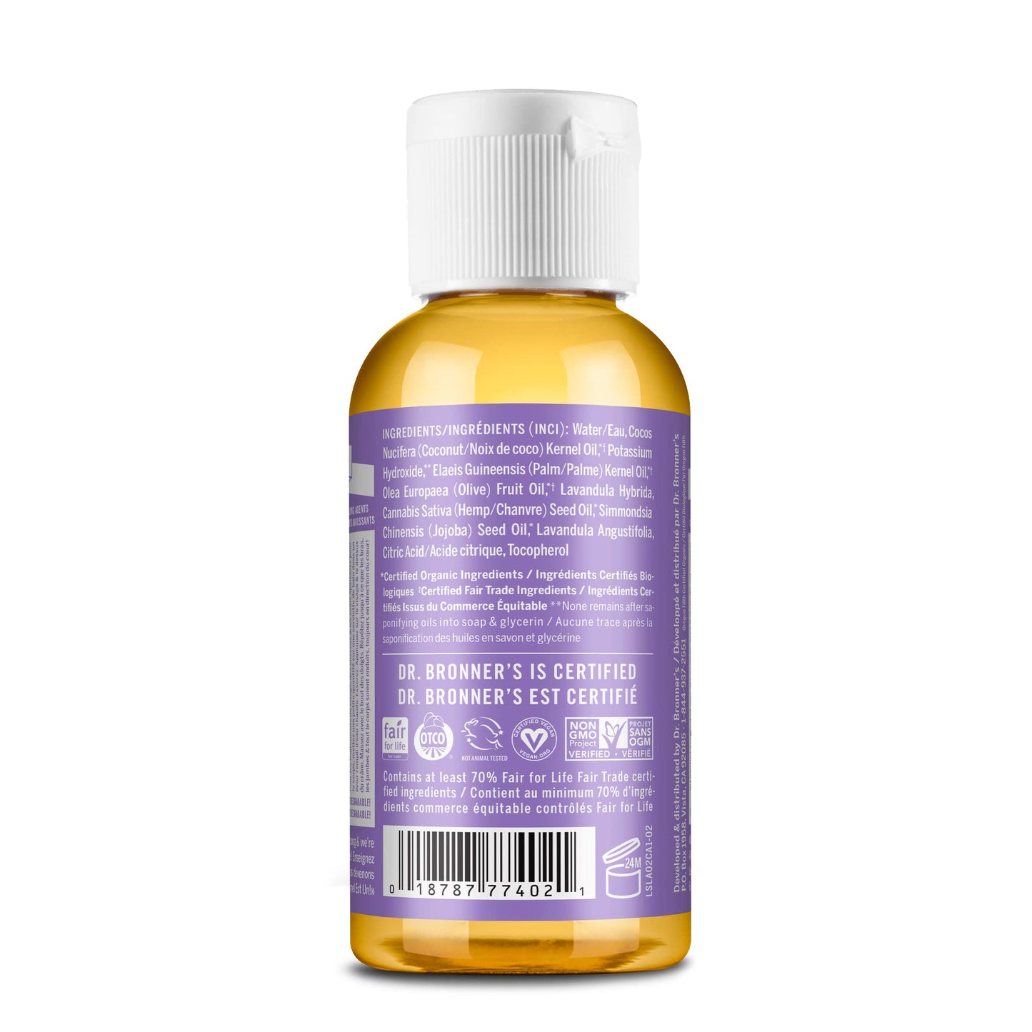 Dr. Bronner's - Pure-Castile Liquid Soap (Lavender, 2 ounce) - Made with Organic Oils, 18-in-1 Uses: Face, Body, Hair, Laundry, Pets and Dishes, d, Vegan, Non-GMO