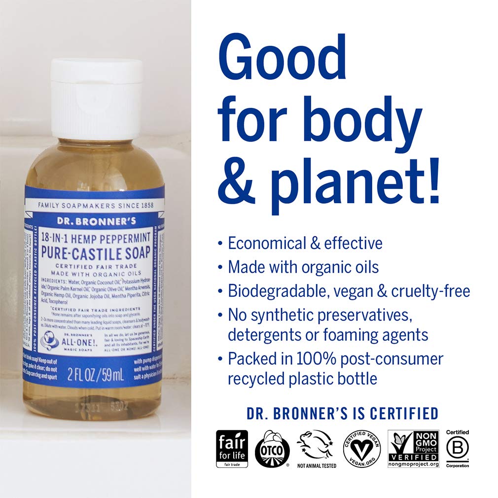 Dr. Bronner's - Pure-Castile Liquid Soap (Peppermint, Travel Size, 2 ounce) - Made with Organic Oils, 18-in-1 Uses: Face, Body, Hair, Laundry, Pets and Dishes, d, Vegan, Non-GMO