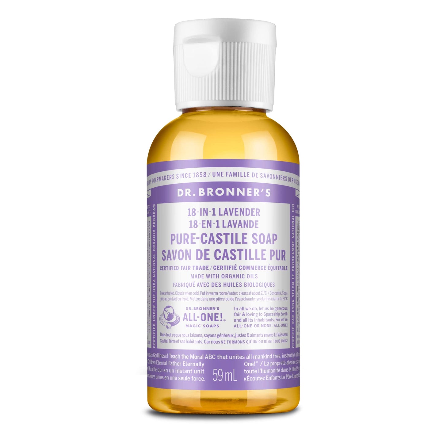 Dr. Bronner's - Pure-Castile Liquid Soap (Lavender, 2 ounce) - Made with Organic Oils, 18-in-1 Uses: Face, Body, Hair, Laundry, Pets and Dishes, d, Vegan, Non-GMO