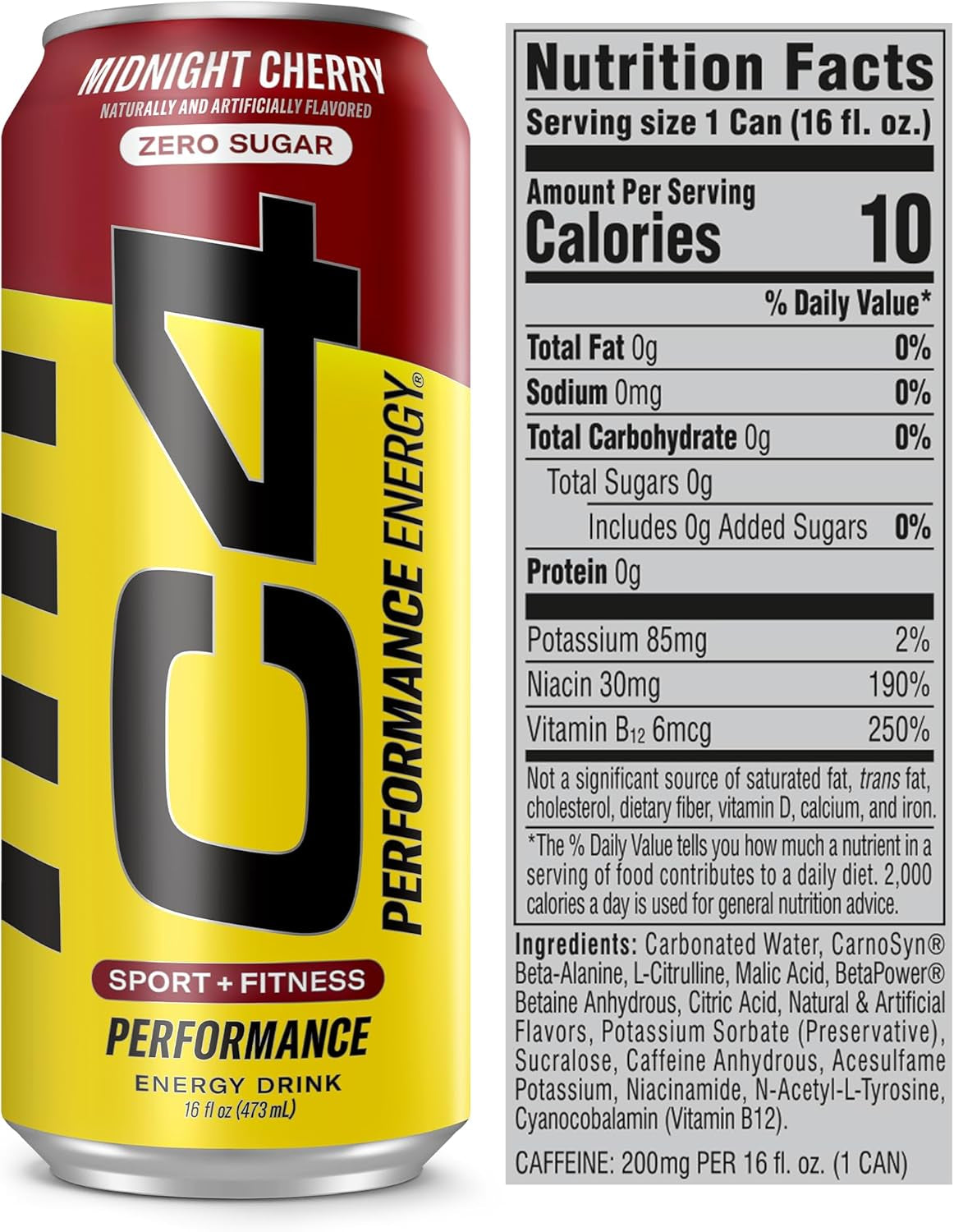 C4 Performance Energy Drink | Zero Sugar Carbonated Preworkout Energy | 200Mg Caffeine with Beta Alanine | Midnight Cherry | 16 Fl Oz (12 Pack)