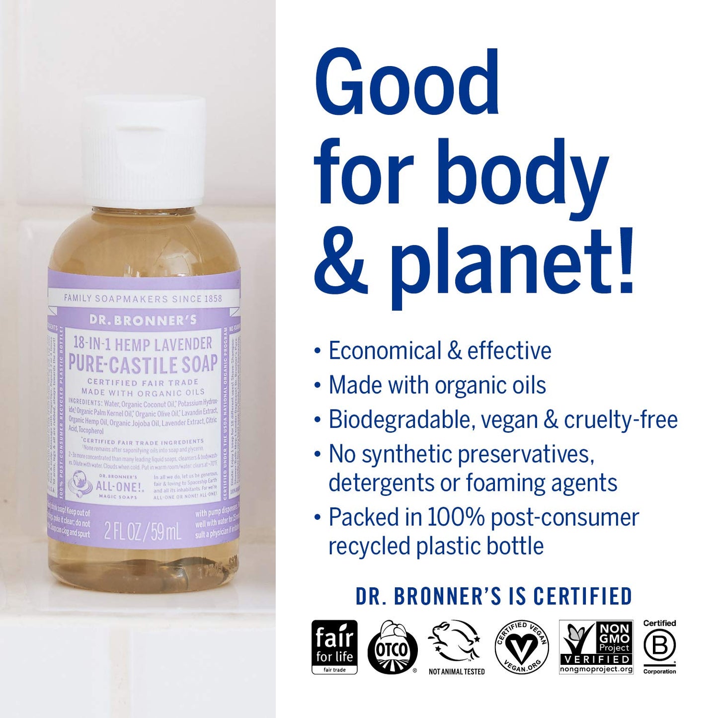 Dr. Bronner's - Pure-Castile Liquid Soap (Lavender, 2 ounce) - Made with Organic Oils, 18-in-1 Uses: Face, Body, Hair, Laundry, Pets and Dishes, d, Vegan, Non-GMO