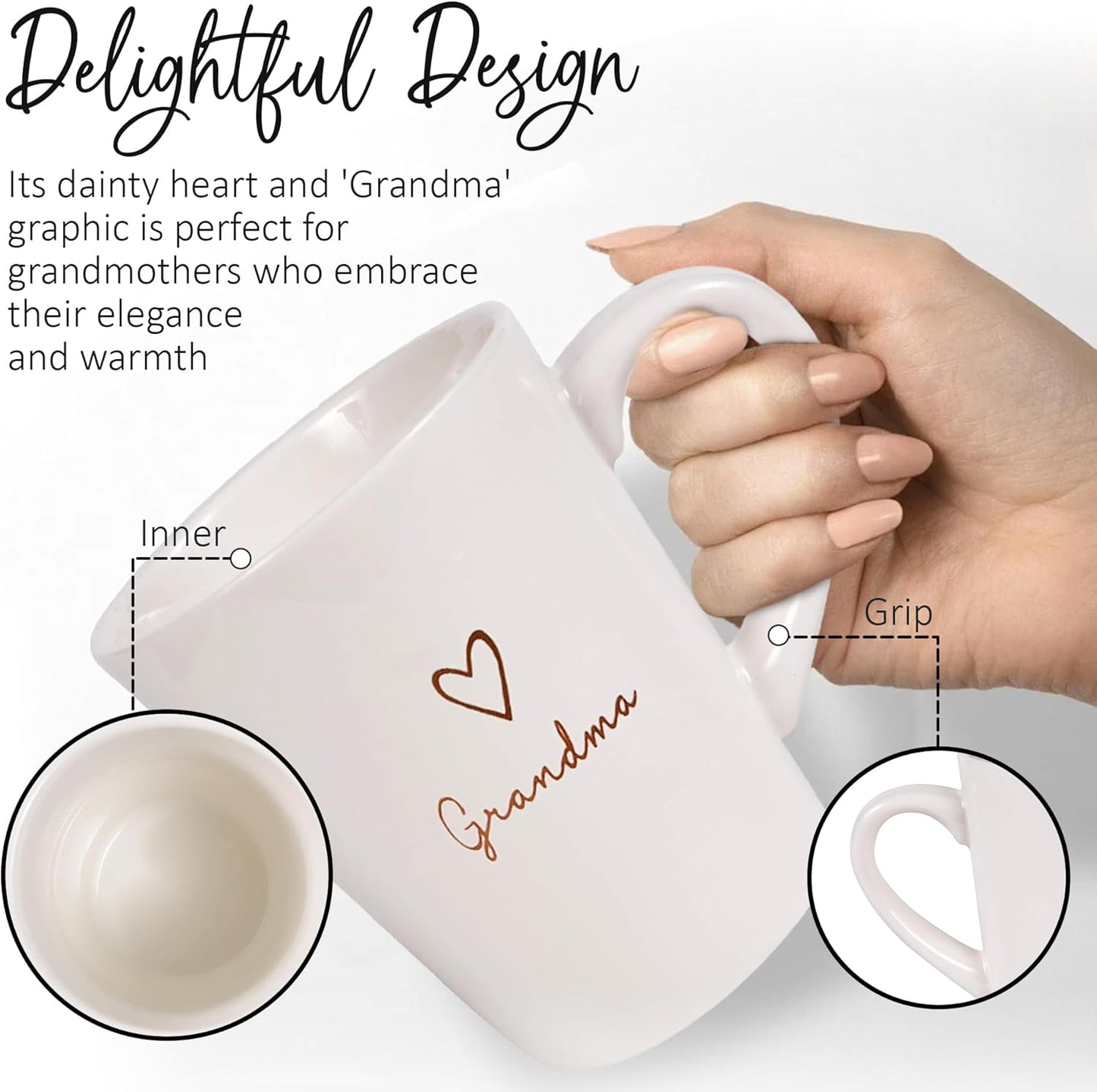 Pavilion Grandma Coffee Mug - Stoneware Coffee Cups for Grandmothers with Heart Tag - Ideal for Daily Use with "Grandma" Text Design - Microwave & Dishwasher Compatible - Cream, 15 Oz