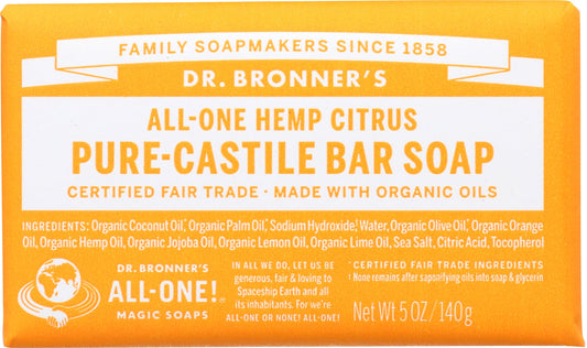 Dr. Bronner's OBCT05 All-One Hemp Citrus Orange Pure-Castile Bar Soap, 5-ounces