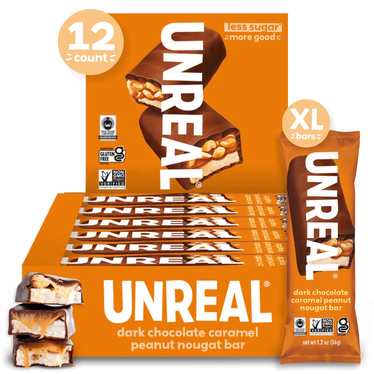 UNREAL Dark Chocolate Peanut Caramel Nougat Bars (12 Full Size Bars)