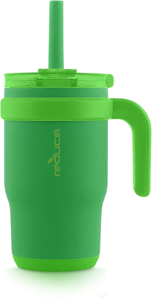 14 Oz Coldee Kids Tumbler with Lid and Straw - Coldee Insulated Travel Mug - Spill-Proof, Sweatproof Stainless Steel, Bpa-Free - Includes Handle, Reusable Silicone Straw - Clover Green