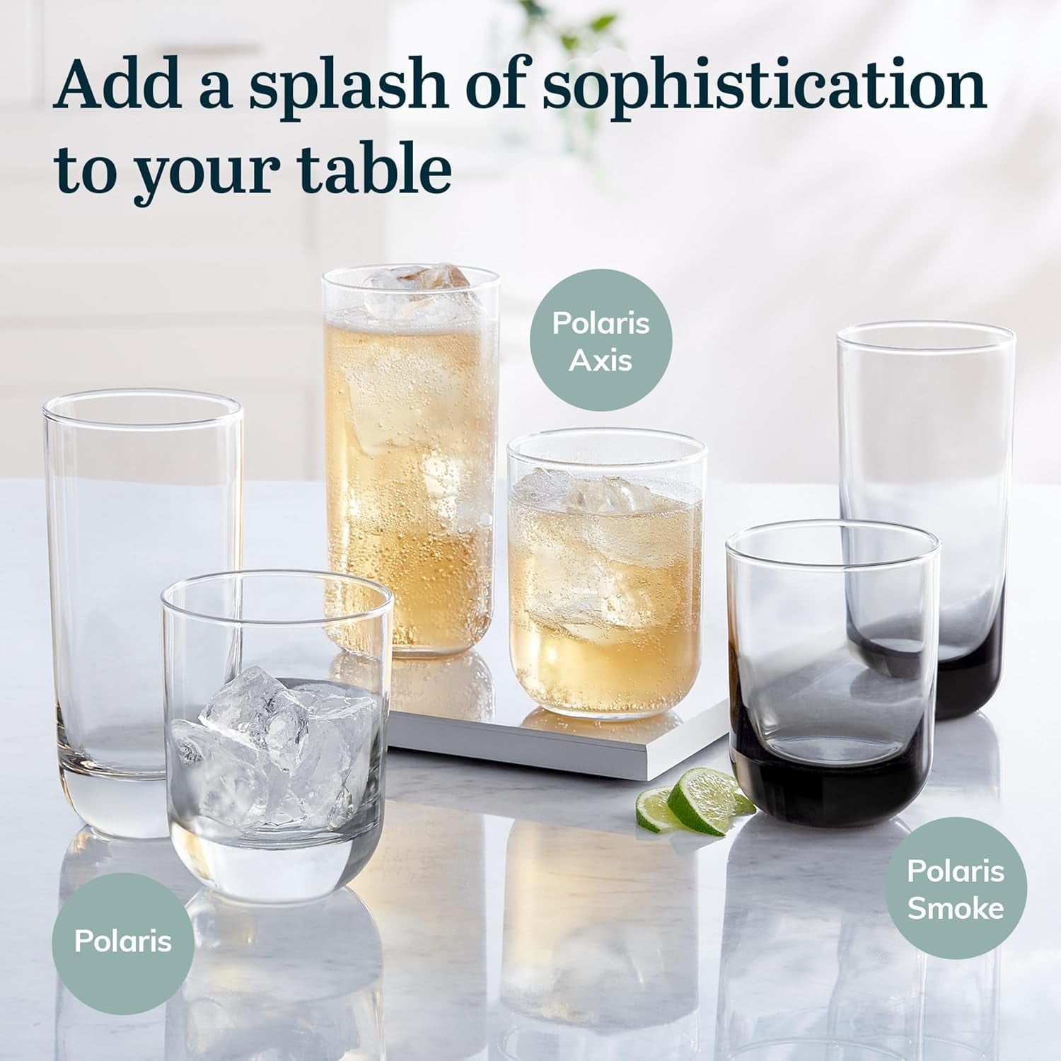 Polaris Tumbler and Rocks Glass Set, Smoke Hue Drinkware Glasses Set, Lead-Free Tall Water Glasses with Modern Clean Lines, Dishwasher Safe Drinking Glasses Set of 16