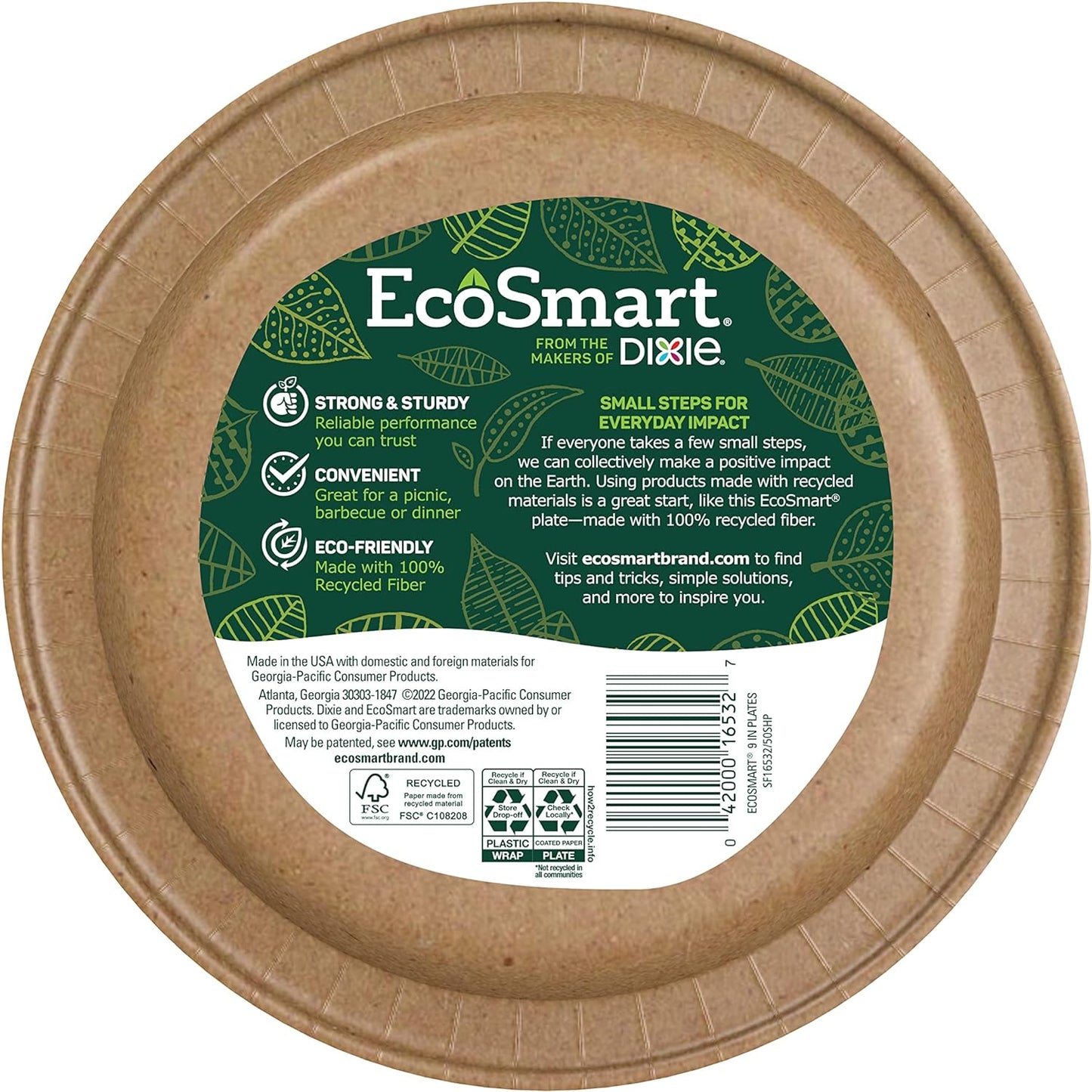 Ecosmart 100% Recycled Fiber Paper Plates, 8.5In, 50 Count, Medium Disposable Plate Great for Light Breakfast, Lunch, and Dinner Size