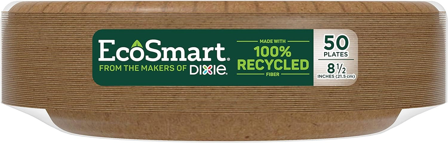 Ecosmart 100% Recycled Fiber Paper Plates, 8.5In, 50 Count, Medium Disposable Plate Great for Light Breakfast, Lunch, and Dinner Size