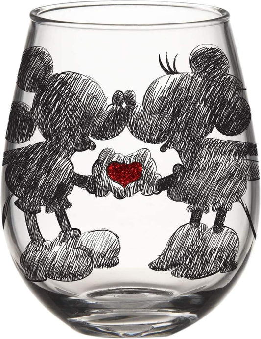 Disney Mickey and Minnie Classic Heart Glitter Stemless Wine Glass, 20 Ounces