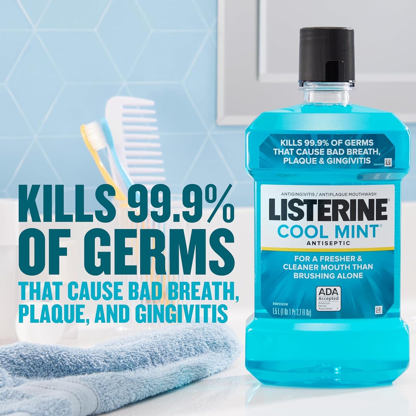 Cool Mint Antiseptic Mouthwash, Daily Oral Rinse Kills 99% of Germs That Cause Bad Breath, Plaque and Gingivitis for a Fresher, Cleaner Mouth, Cool Mint Flavor, 500 Ml