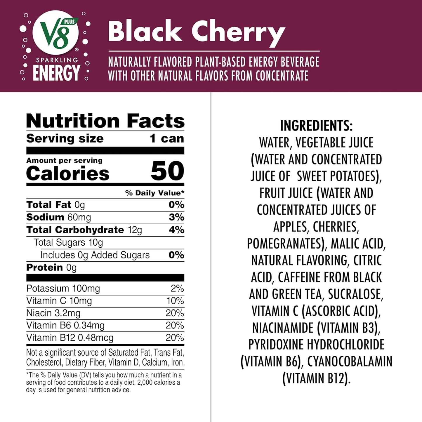 Sparkling Black Cherry Juice Energy Drink, 11.5 Fl Oz Can (12 Pack)