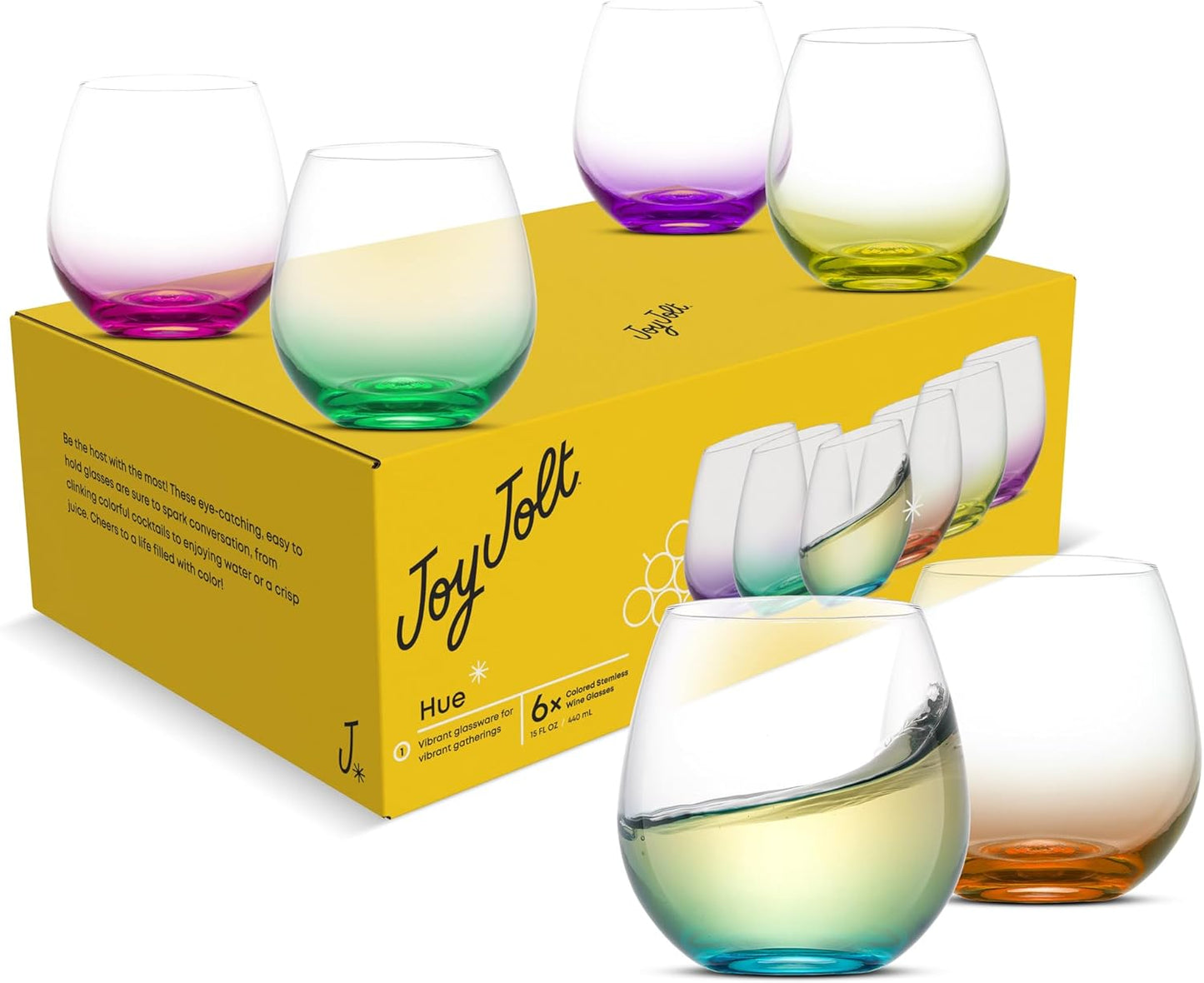 HUE Stemless Wine Glass Set. Large, 15 Oz, Stemless, Set of 6. Short Wine Tumblers for White Wine, Red Wine, Water, No Stem Margarita Glasses, Colored