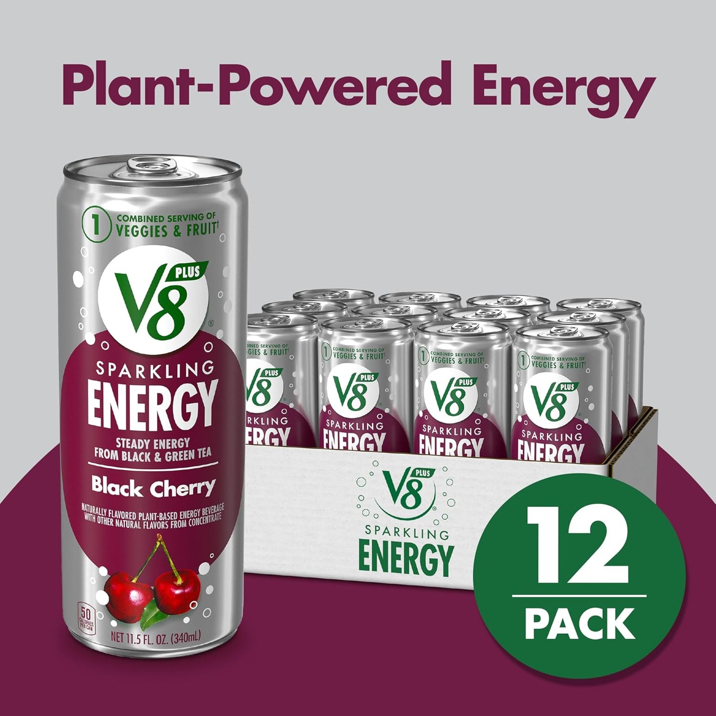 Sparkling Black Cherry Juice Energy Drink, 11.5 Fl Oz Can (12 Pack)