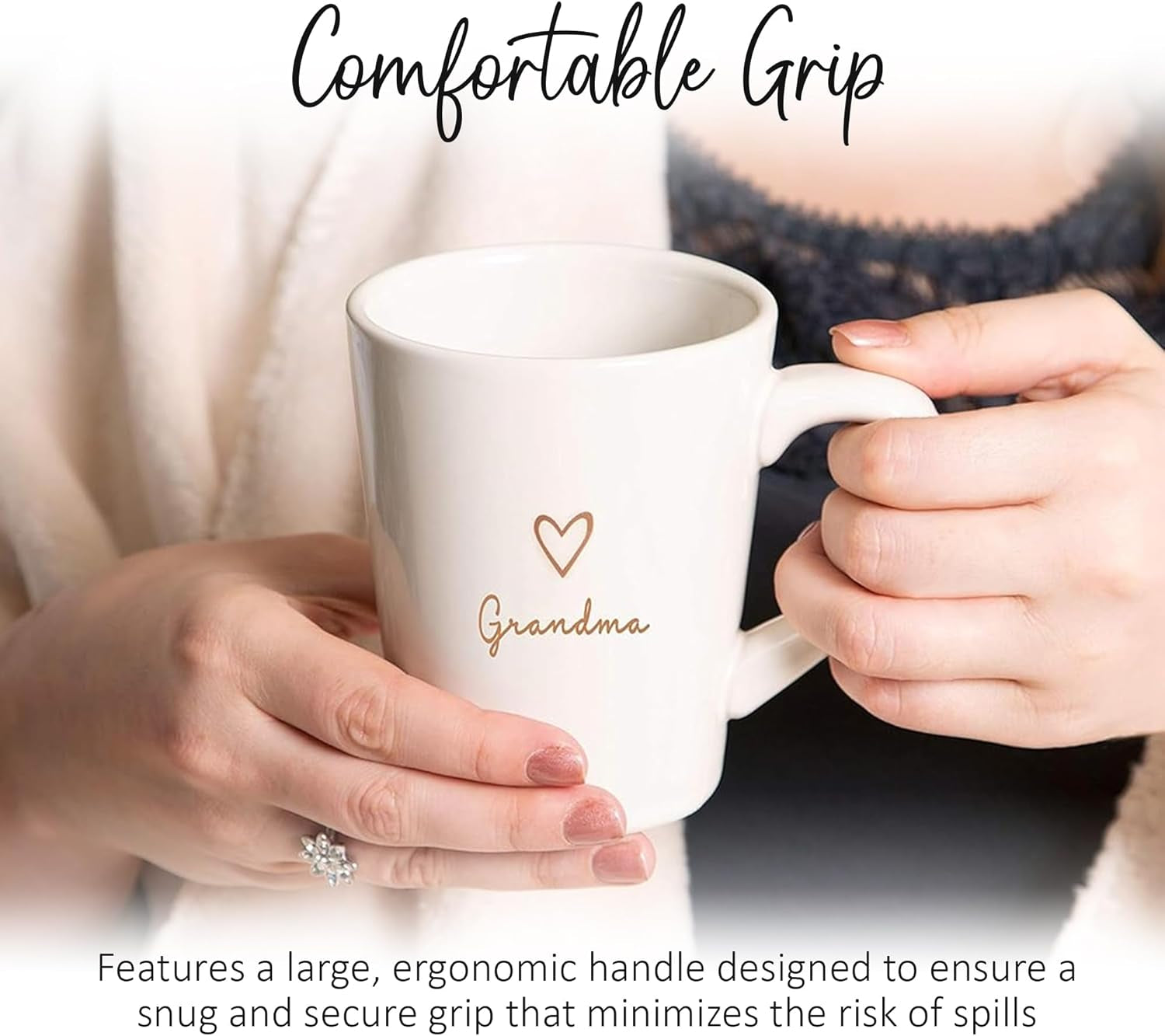 Pavilion Grandma Coffee Mug - Stoneware Coffee Cups for Grandmothers with Heart Tag - Ideal for Daily Use with "Grandma" Text Design - Microwave & Dishwasher Compatible - Cream, 15 Oz