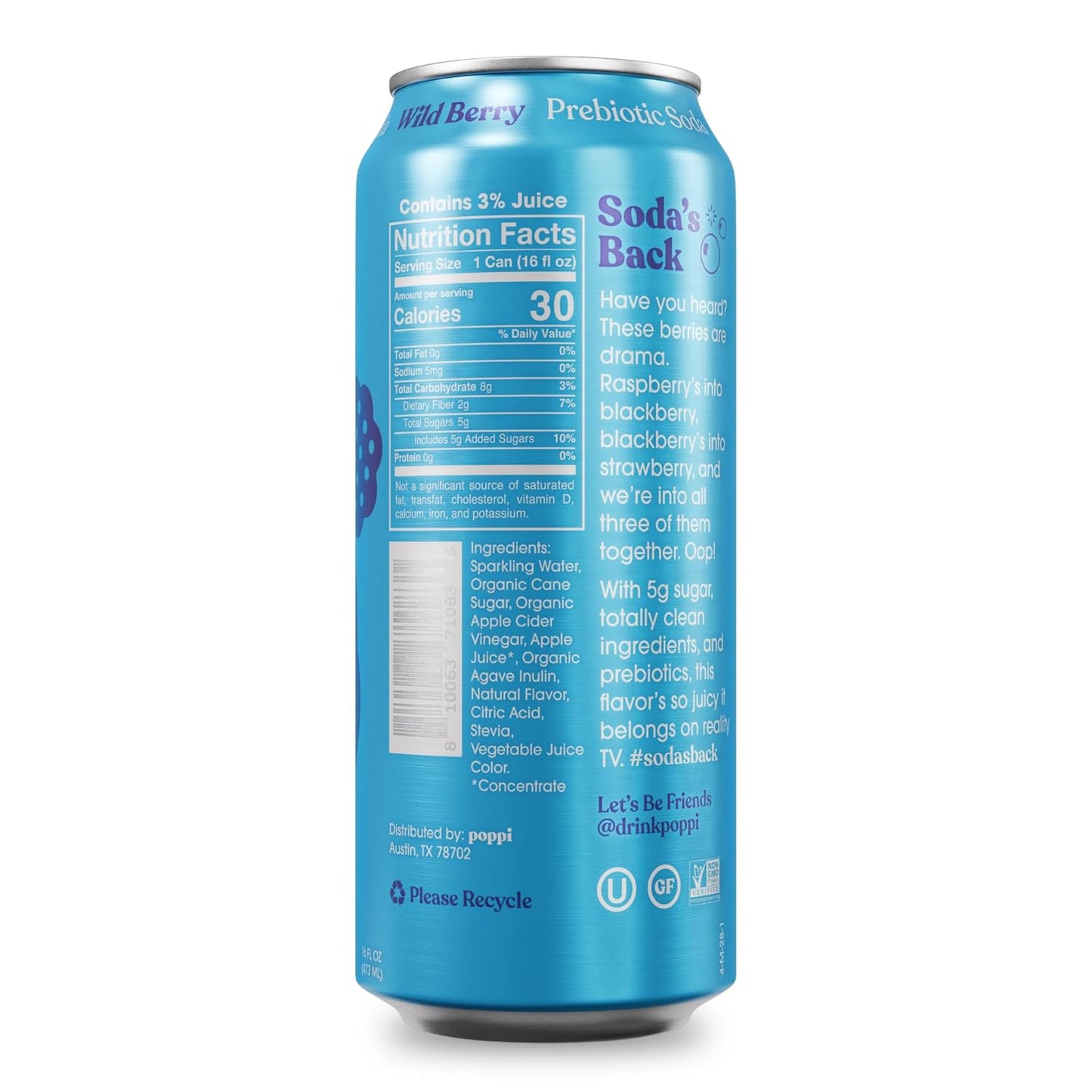 16Oz Sparkling Prebiotic Soda, Beverages W/Apple Cider Vinegar, Seltzer Water & Fruit Juice, Wild Berry, 16Oz (12 Pack) (Packaging May Vary)