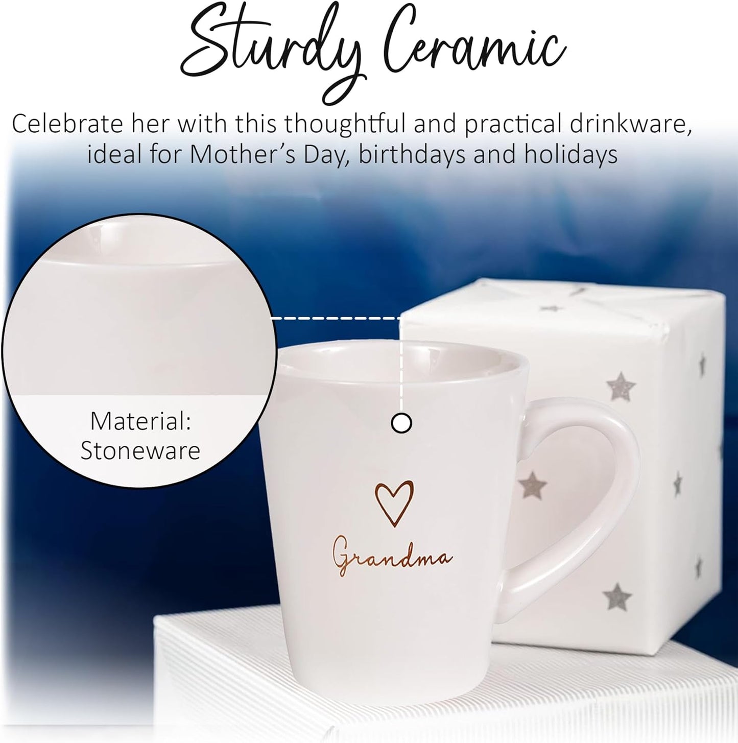 Pavilion Grandma Coffee Mug - Stoneware Coffee Cups for Grandmothers with Heart Tag - Ideal for Daily Use with "Grandma" Text Design - Microwave & Dishwasher Compatible - Cream, 15 Oz