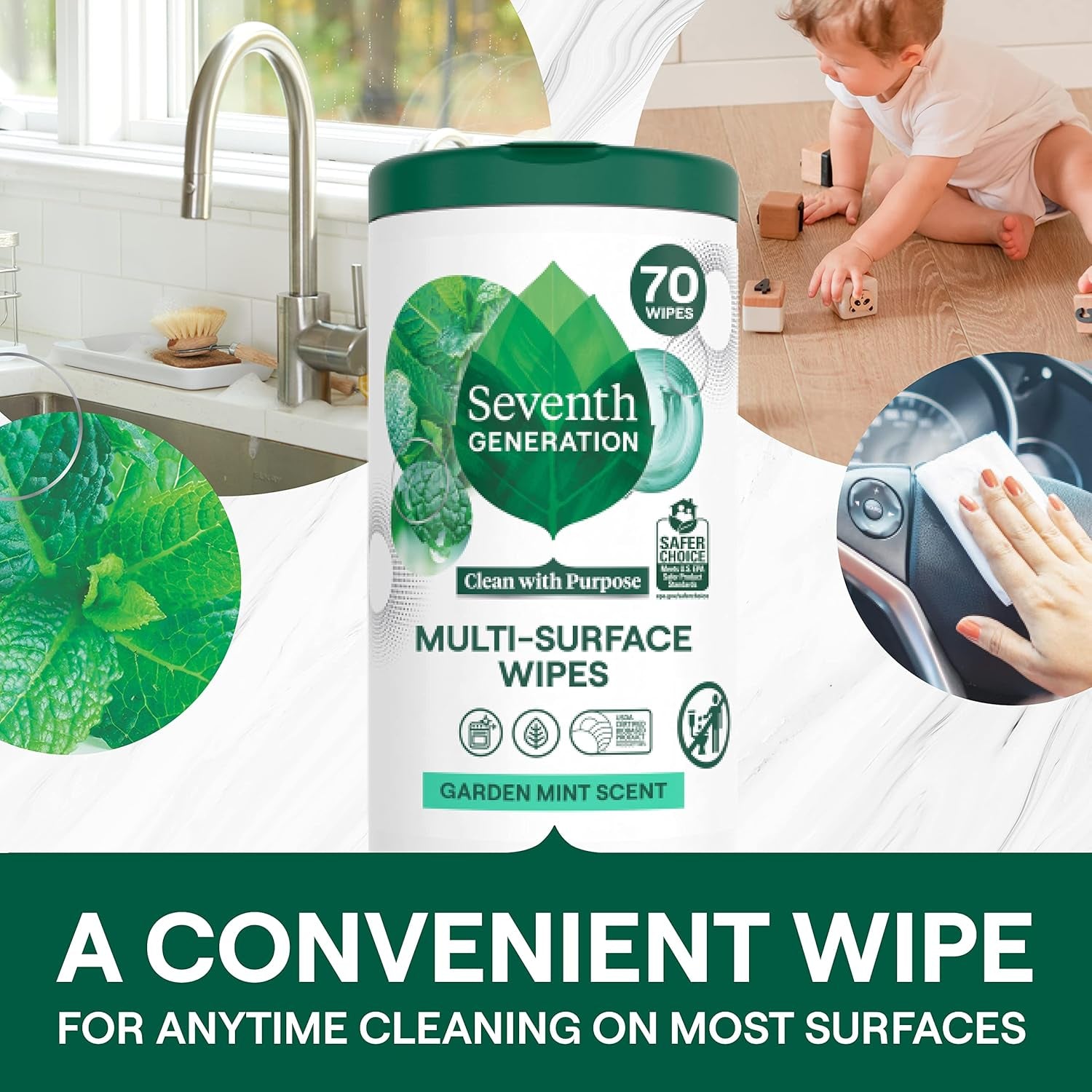 Multi Purpose Wipes All Purpose Cleaning Garden Mint Scent with 100% Essential Oils and Botanical Ingredients 70 Count, Pack of 3